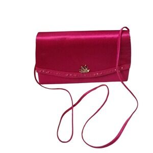Milano Pink Satin Evening Clutch Bag Rhinestone Crown Accents Fuchsia Crossbody